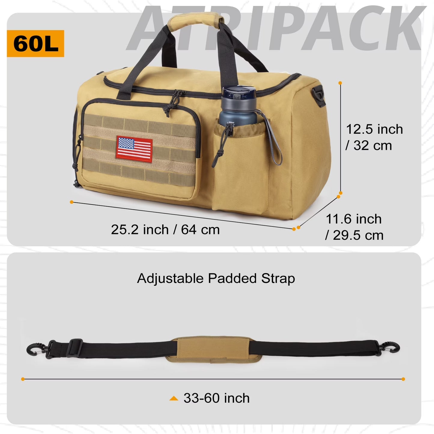 Large 60L 2-In-1 Convertible Sports Bag, Multi-Functional Travel Duffle with Shoe Compartment for Daily Use