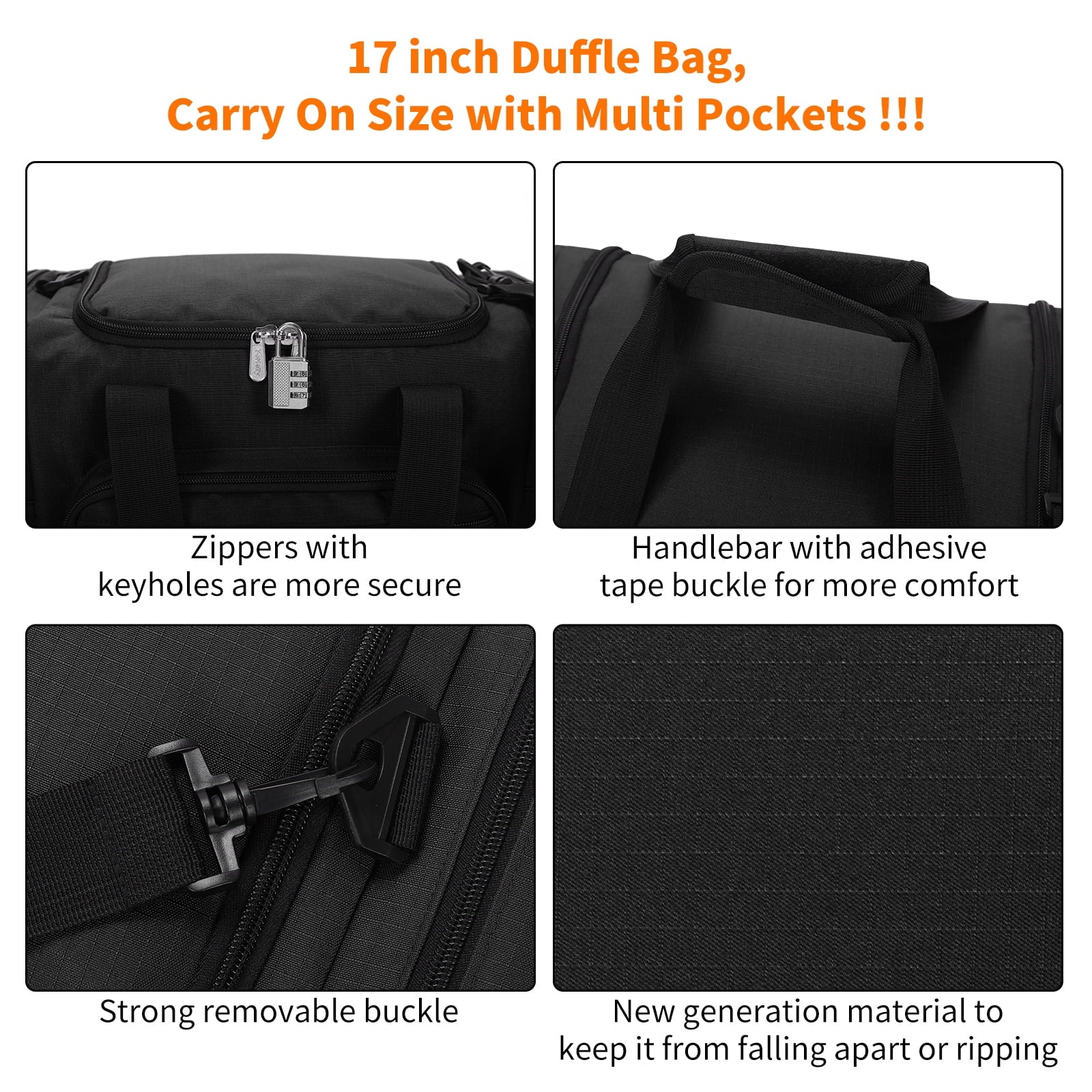 17-Inch Small Duffel Weekender Bag for Travel and Gym, Black