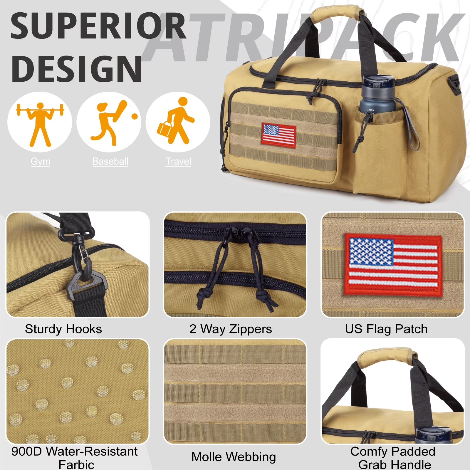 Large 60L 2-In-1 Convertible Sports Bag, Multi-Functional Travel Duffle with Shoe Compartment for Daily Use