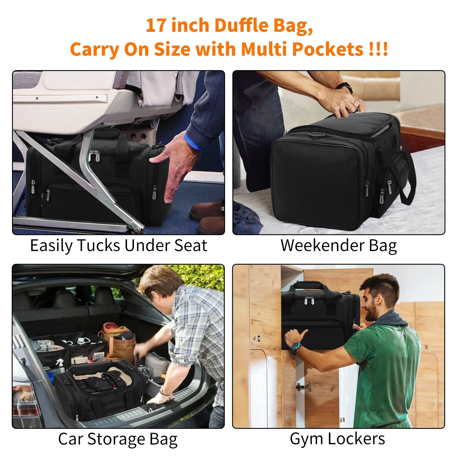 17-Inch Small Duffel Weekender Bag for Travel and Gym, Black