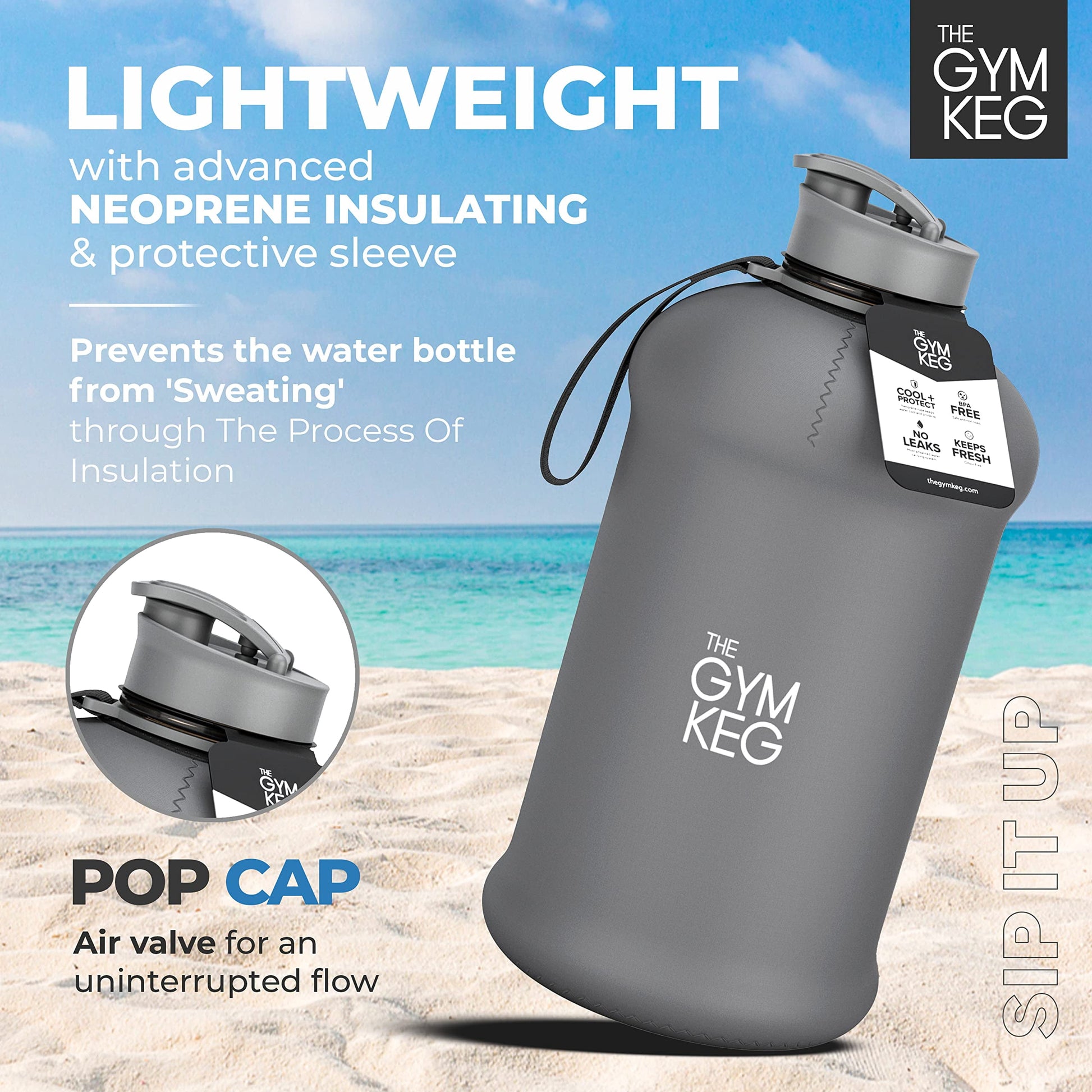 Insulated Half Gallon Sports Water Bottle - 74.4 Fl Oz (2.2 L) Gym Keg