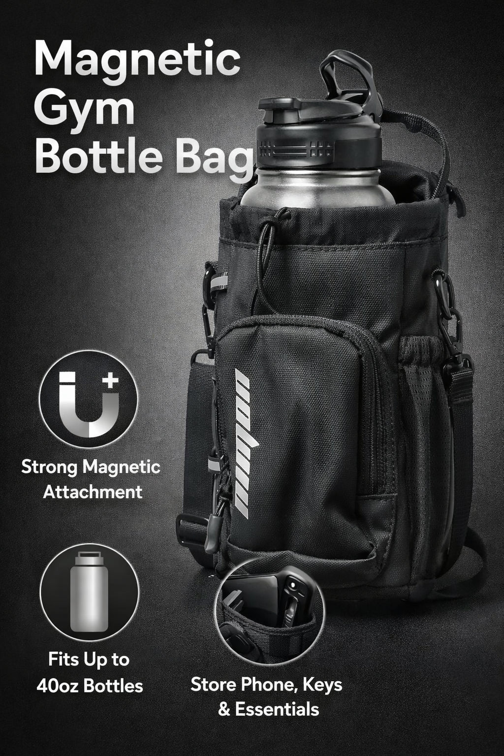 Magnetic Gym Bag with Water Bottle Holder for Men and Women - Black Fitness Gift