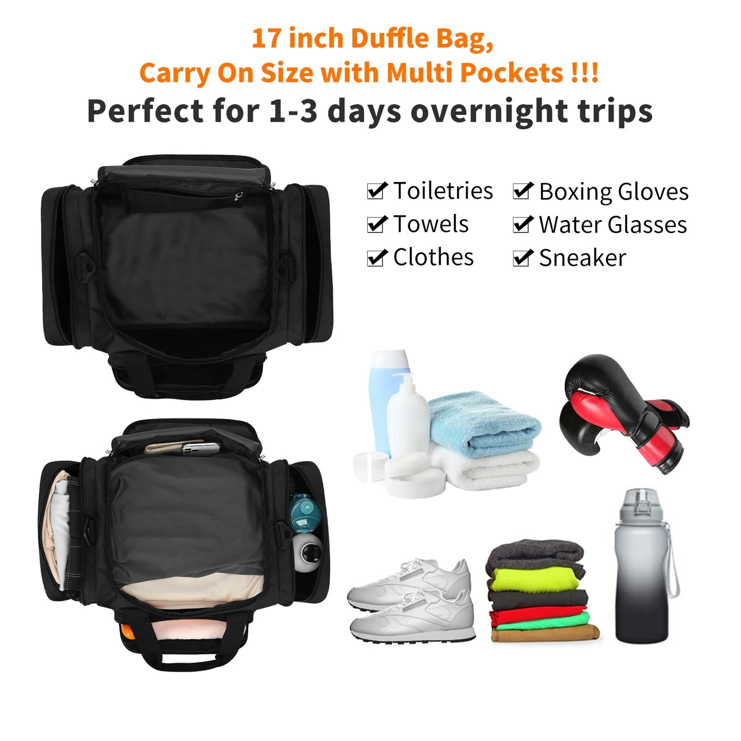 17-Inch Small Duffel Weekender Bag for Travel and Gym, Black