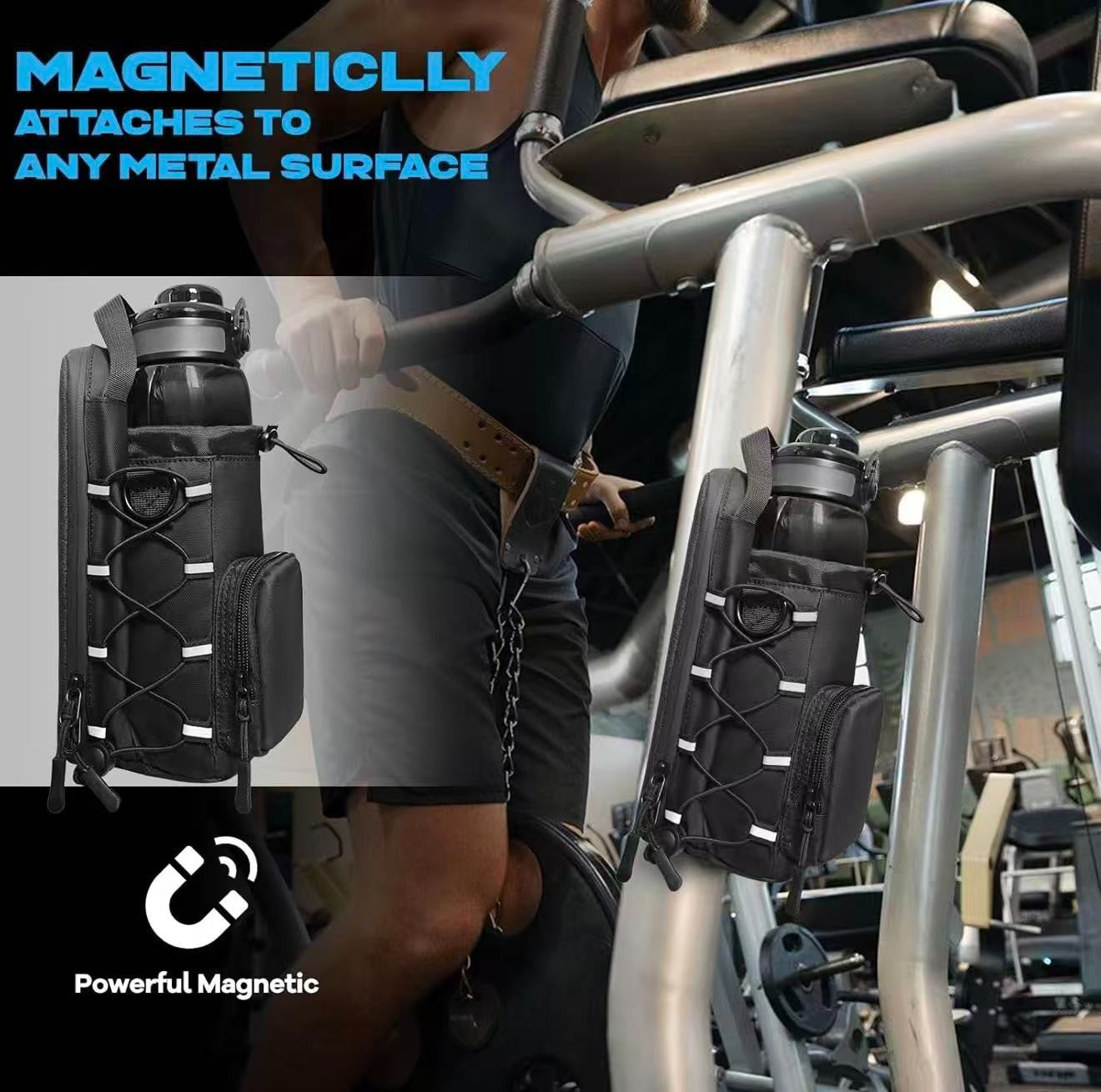 Magnetic Gym Bag with Water Bottle Holder for Men and Women - Black Fitness Gift