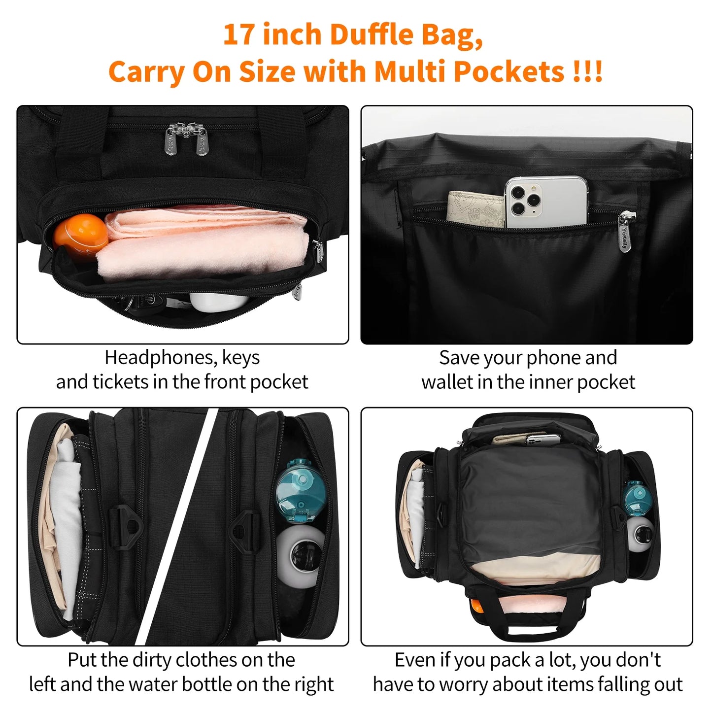 17-Inch Small Duffel Weekender Bag for Travel and Gym, Black
