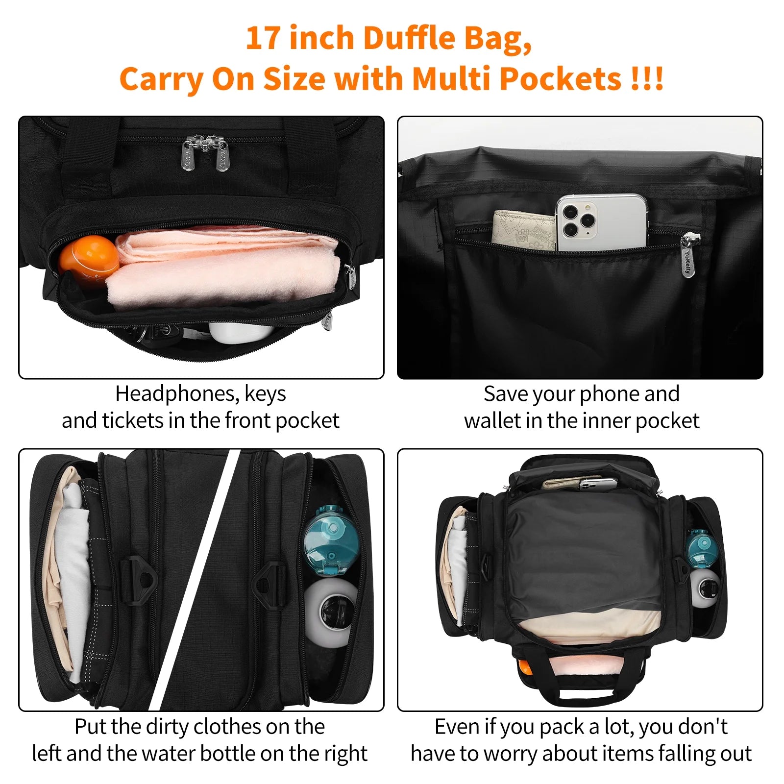 17-Inch Small Duffel Weekender Bag for Travel and Gym, Black